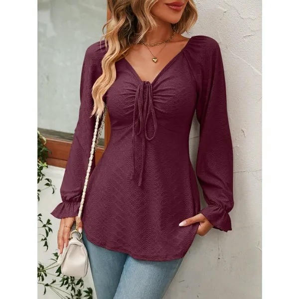 Womens Drawstring V Neck Puff Long Sleeve T Shirts Eyelet Blouses Casual Loose Tunics Tops