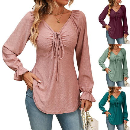 Womens Drawstring V Neck Puff Long Sleeve T Shirts Eyelet Blouses Casual Loose Tunics Tops