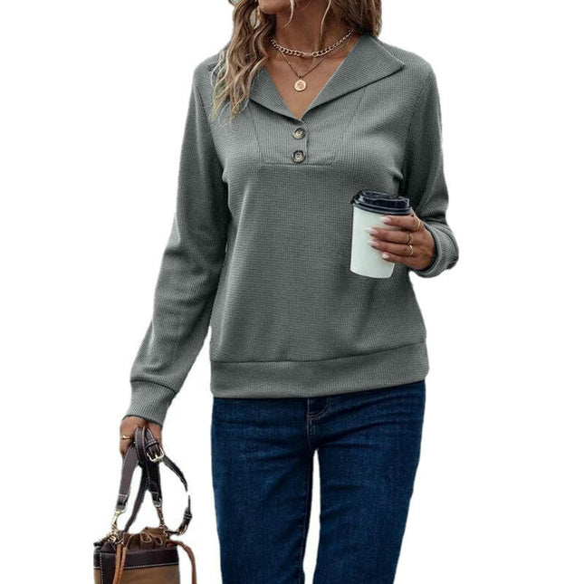 Women's Waffle Knit Sweatshirt Casual Button V Neck Long Sleeve Pullover Tops