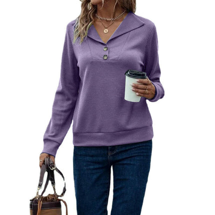 Women's Waffle Knit Sweatshirt Casual Button V Neck Long Sleeve Pullover Tops