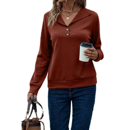 Women's Waffle Knit Sweatshirt Casual Button V Neck Long Sleeve Pullover Tops