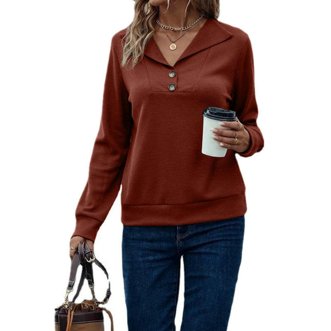 Women's Waffle Knit Sweatshirt Casual Button V Neck Long Sleeve Pullover Tops