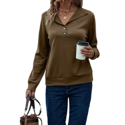 Women's Waffle Knit Sweatshirt Casual Button V Neck Long Sleeve Pullover Tops