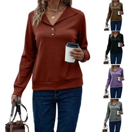 Women's Waffle Knit Sweatshirt Casual Button V Neck Long Sleeve Pullover Tops