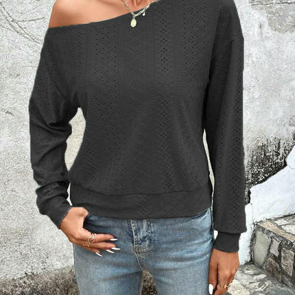 Long Sleeve Tunic Tops for Women Casual Boat Neck Off Shoulder Shirts Eyelet Blouse