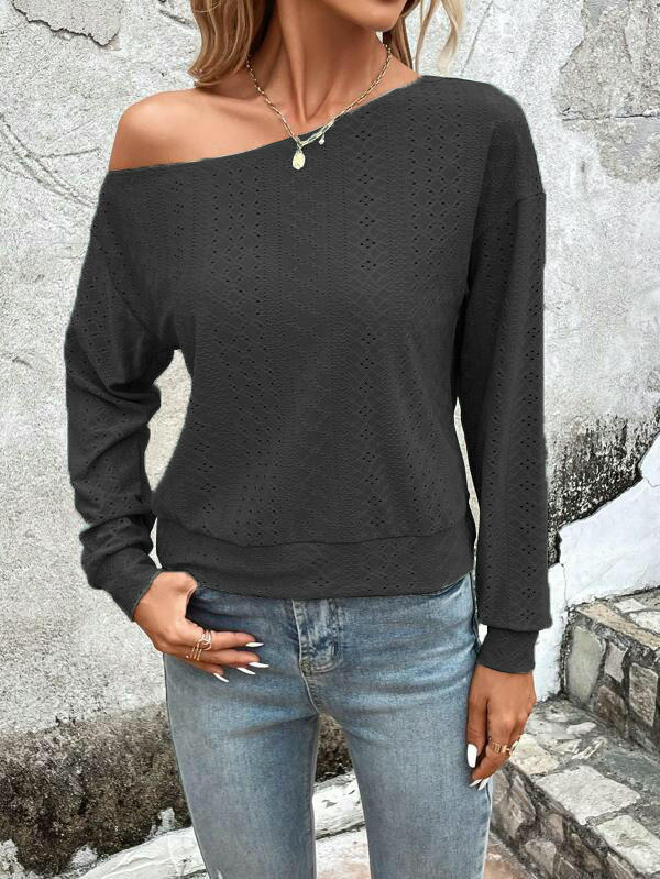 Long Sleeve Tunic Tops for Women Casual Boat Neck Off Shoulder Shirts Eyelet Blouse