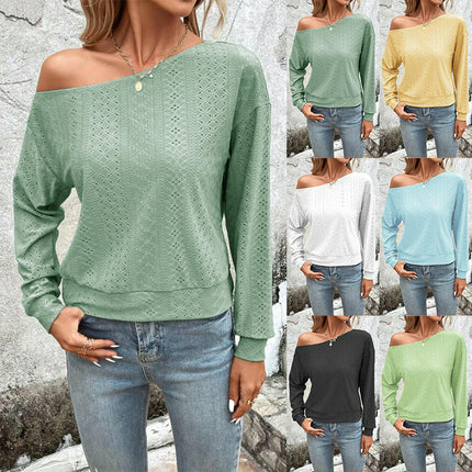 Long Sleeve Tunic Tops for Women Casual Boat Neck Off Shoulder Shirts Eyelet Blouse