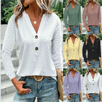 Women's Long Sleeve Eyelet T Shirts Button V Neck Casual Loose Fit Tunic Tops Blouses