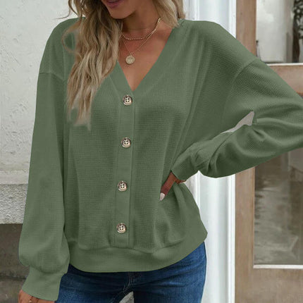 Womens Button V Neck Waffle Knit Shirts Long Sleeve Loose Tee Tops