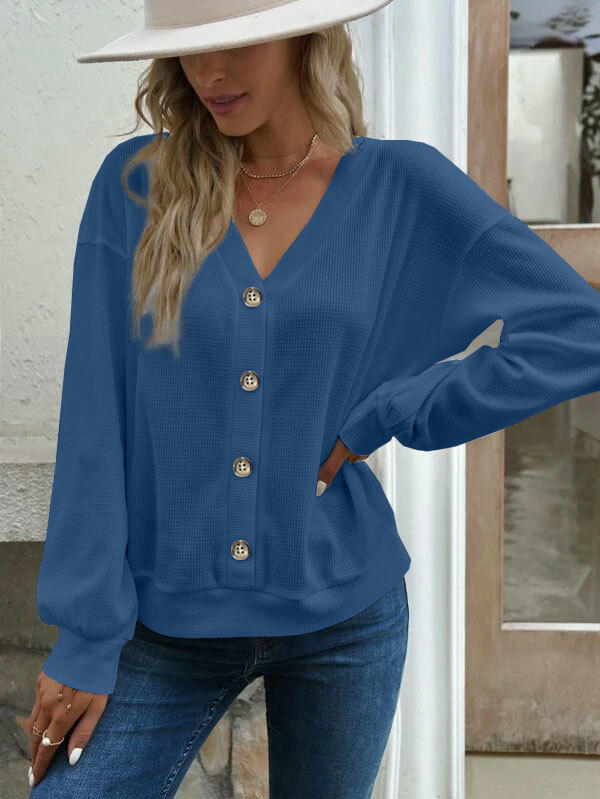 Womens Button V Neck Waffle Knit Shirts Long Sleeve Loose Tee Tops