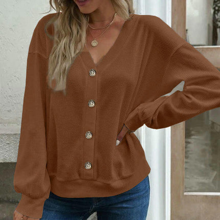 Womens Button V Neck Waffle Knit Shirts Long Sleeve Loose Tee Tops