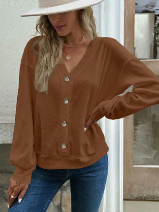 Womens Button V Neck Waffle Knit Shirts Long Sleeve Loose Tee Tops