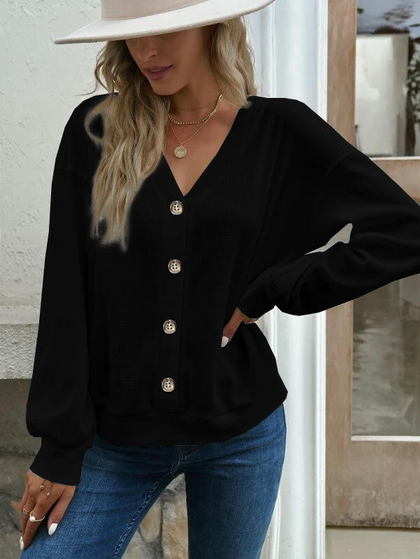 Womens Button V Neck Waffle Knit Shirts Long Sleeve Loose Tee Tops