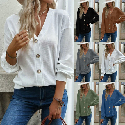 Womens Button V Neck Waffle Knit Shirts Long Sleeve Loose Tee Tops