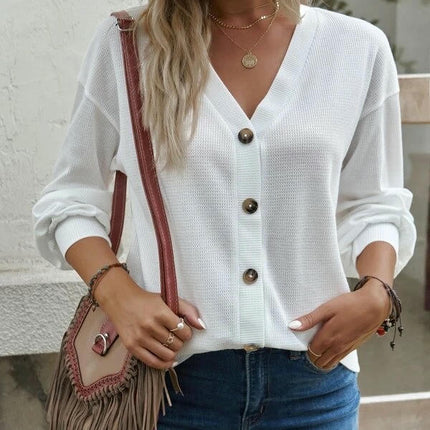 Womens Button V Neck Waffle Knit Shirts Long Sleeve Loose Tee Tops