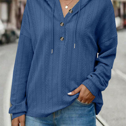 Women Solid Color Hoodies Long Sleeve Drawstring Button Sweatshirts Pullover Tops