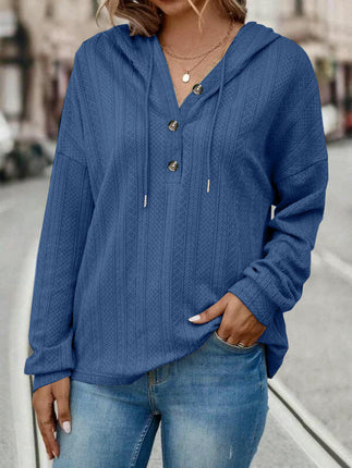 Women Solid Color Hoodies Long Sleeve Drawstring Button Sweatshirts Pullover Tops