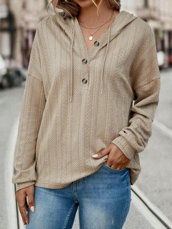 Women Solid Color Hoodies Long Sleeve Drawstring Button Sweatshirts Pullover Tops