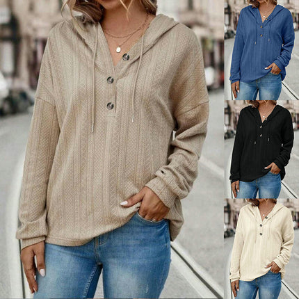 Women Solid Color Hoodies Long Sleeve Drawstring Button Sweatshirts Pullover Tops