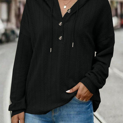 Women Solid Color Hoodies Long Sleeve Drawstring Button Sweatshirts Pullover Tops