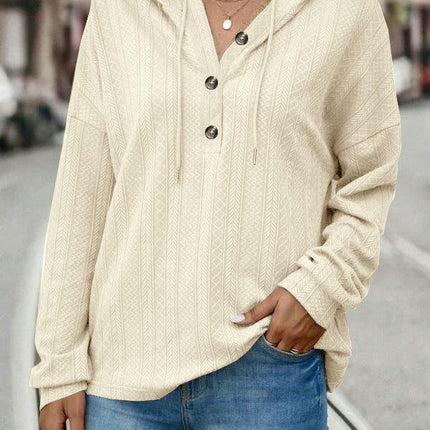 Women Solid Color Hoodies Long Sleeve Drawstring Button Sweatshirts Pullover Tops