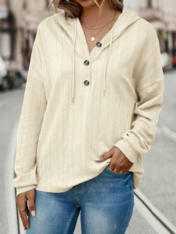 Women Solid Color Hoodies Long Sleeve Drawstring Button Sweatshirts Pullover Tops