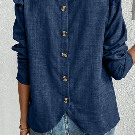 Women's Casual Long Sleeve Pleated Crewneck Shirts Loose Button Blouses Trendy Tops