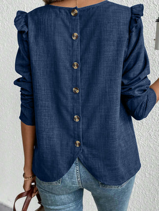 Women's Casual Long Sleeve Pleated Crewneck Shirts Loose Button Blouses Trendy Tops