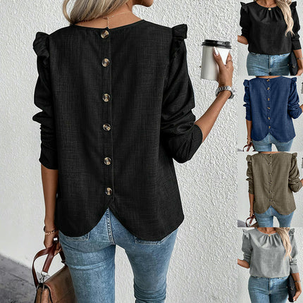 Women's Casual Long Sleeve Pleated Crewneck Shirts Loose Button Blouses Trendy Tops
