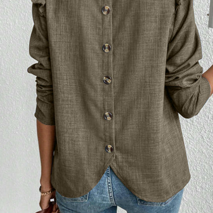 Women's Casual Long Sleeve Pleated Crewneck Shirts Loose Button Blouses Trendy Tops
