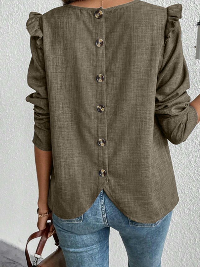 Women's Casual Long Sleeve Pleated Crewneck Shirts Loose Button Blouses Trendy Tops