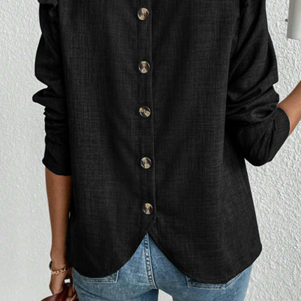 Women's Casual Long Sleeve Pleated Crewneck Shirts Loose Button Blouses Trendy Tops