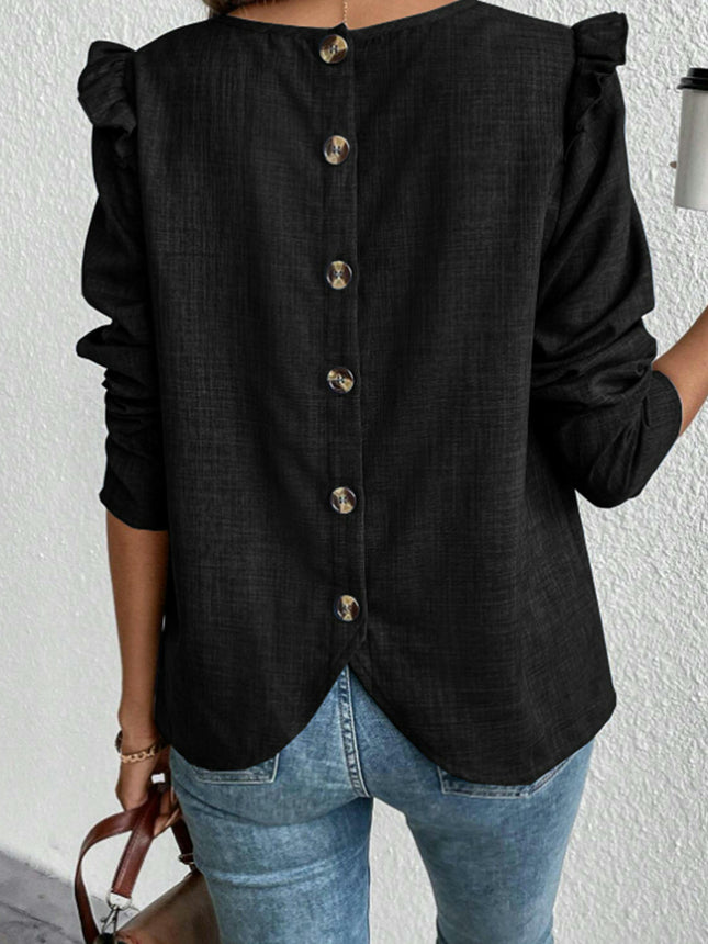 Women's Casual Long Sleeve Pleated Crewneck Shirts Loose Button Blouses Trendy Tops