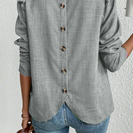 Women's Casual Long Sleeve Pleated Crewneck Shirts Loose Button Blouses Trendy Tops