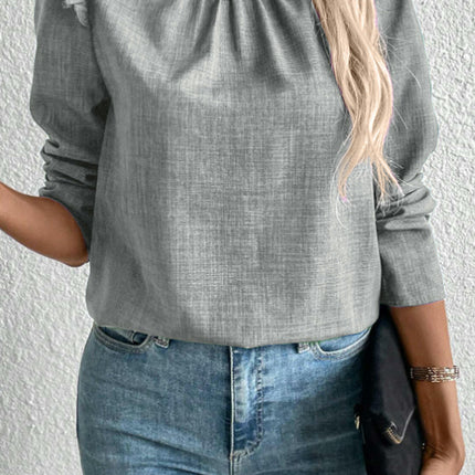 Women's Casual Long Sleeve Pleated Crewneck Shirts Loose Button Blouses Trendy Tops