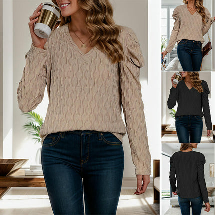 Womens V Neck Long Sleeve Blouses Casual Puff Sleeve Loose Tunic Tops