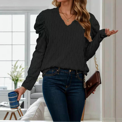 Womens V Neck Long Sleeve Blouses Casual Puff Sleeve Loose Tunic Tops