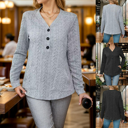 Womens Button V Neck Long Sleeve Tunic Blouses Texture Casual Loose Tops