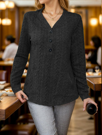 Womens Button V Neck Long Sleeve Tunic Blouses Texture Casual Loose Tops