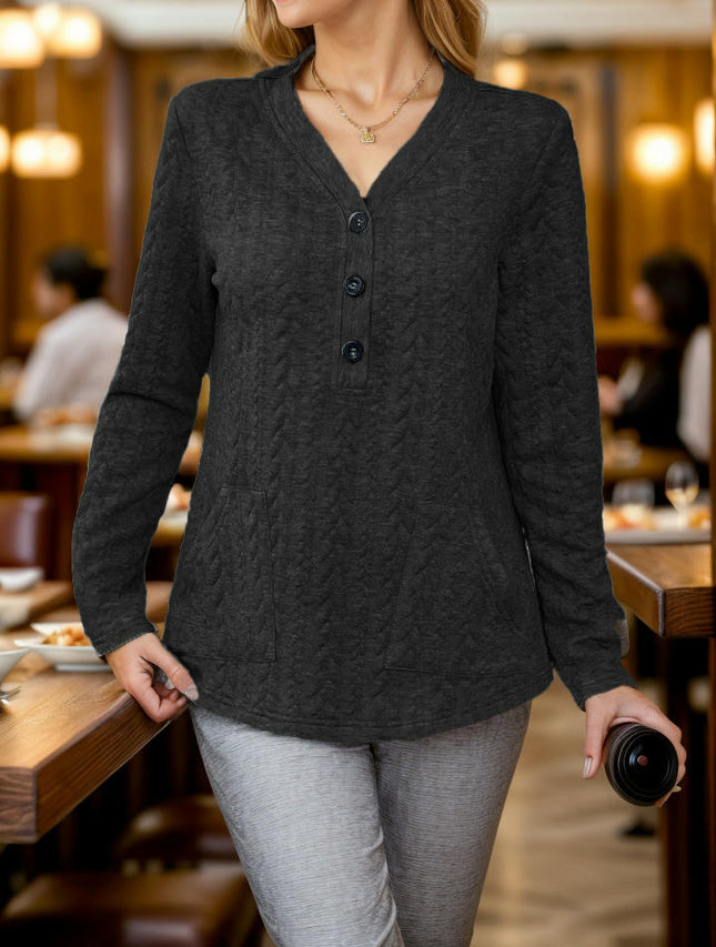 Womens Button V Neck Long Sleeve Tunic Blouses Texture Casual Loose Tops