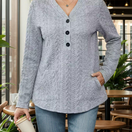 Womens Button V Neck Long Sleeve Tunic Blouses Texture Casual Loose Tops