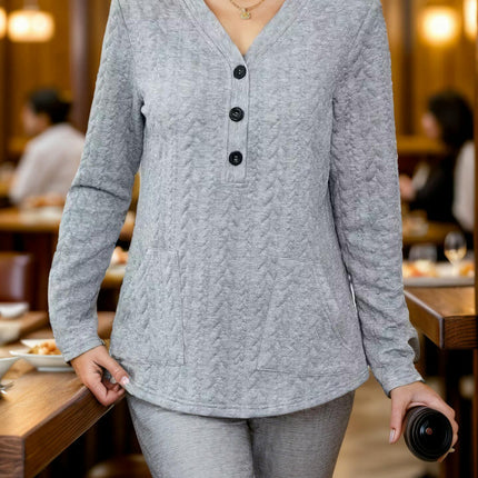 Womens Button V Neck Long Sleeve Tunic Blouses Texture Casual Loose Tops