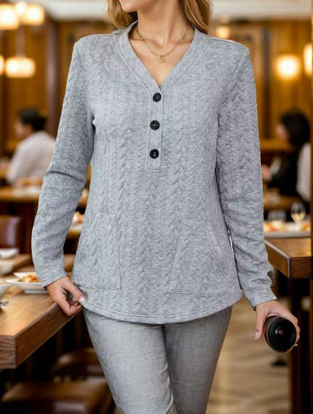 Womens Button V Neck Long Sleeve Tunic Blouses Texture Casual Loose Tops