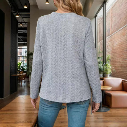 Womens Button V Neck Long Sleeve Tunic Blouses Texture Casual Loose Tops