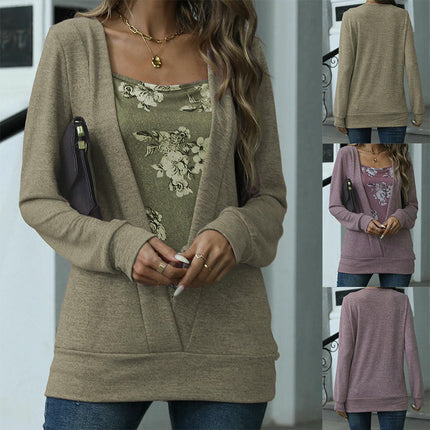 Women's Long Sleeve Square Neck T-Shirts Casual Loose Fake Two Piece Shirts Tops