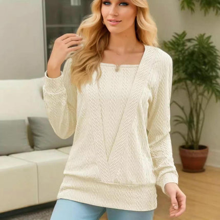 Women's Fake Two Pieces Square Neck Blouses Long Sleeve Loose Casual Tops