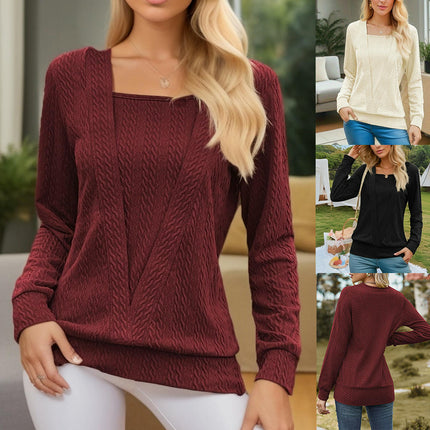 Women's Fake Two Pieces Square Neck Blouses Long Sleeve Loose Casual Tops