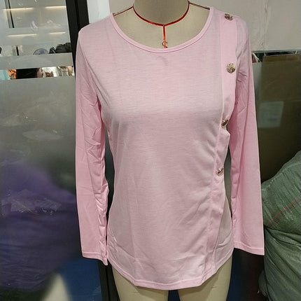 Womens Casual Long Sleeve Tunic Tops Fashion Side Button Deco Loose Crewneck T Shirts
