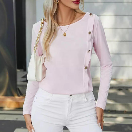 Womens Casual Long Sleeve Tunic Tops Fashion Side Button Deco Loose Crewneck T Shirts