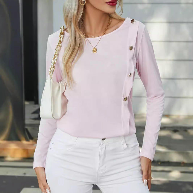 Womens Casual Long Sleeve Tunic Tops Fashion Side Button Deco Loose Crewneck T Shirts